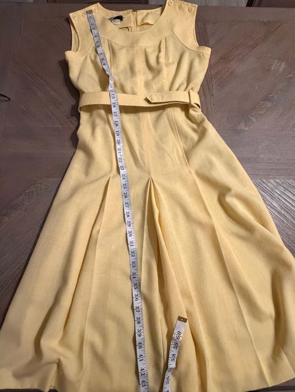 Vintage Fred Rothschild California Yellow Sleeveless Belted Pleated Midi Dress